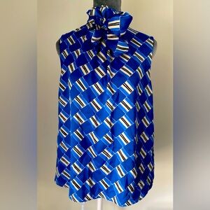 MANGO Blue Abstract Satin Blouse with Bow, turtleneck, sleeveless